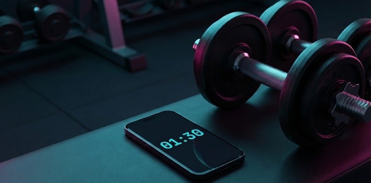 Phone displaying 01:30 rest timer next to dumbbells in a gym