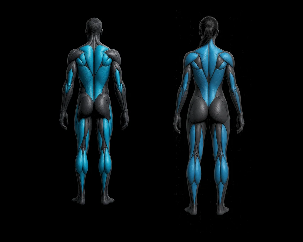 Intrvl Muscle Heatmap, back view: posterior chain shaded by weekly effective volume