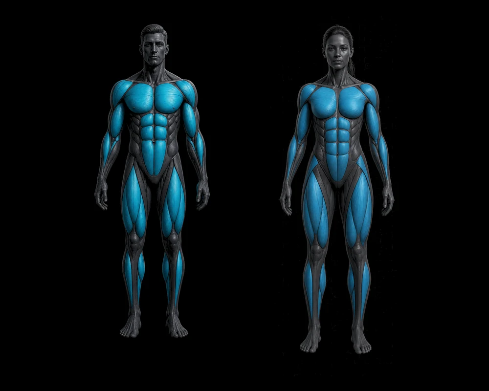 Intrvl Muscle Heatmap, front view: muscle groups shaded by weekly effective volume