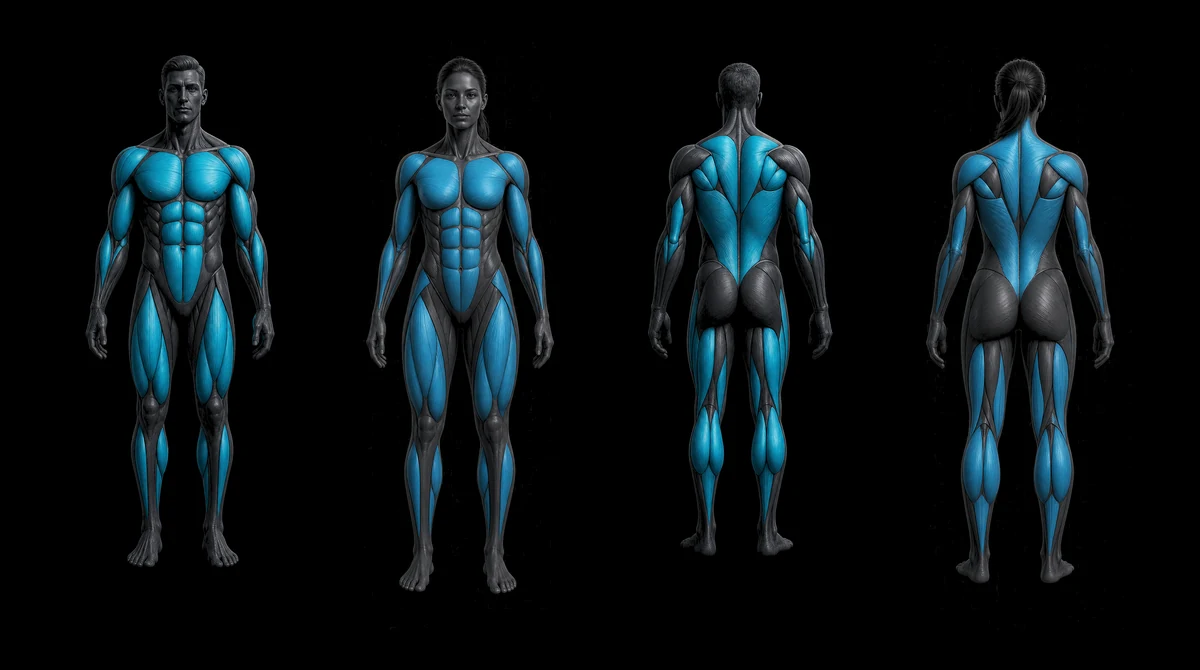 A 4-up composite of Intrvl's muscle-map models showing male and female figures, front and back views, with muscle groups highlighted in cyan against a black background