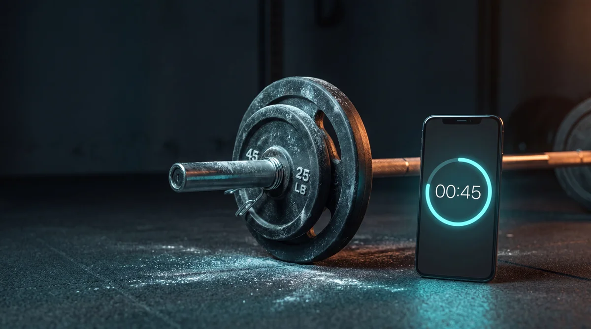 Loaded olympic barbell with chalked plates on a dark gym floor beside an iPhone displaying a glowing cyan circular rest countdown timer, lit with cool screen glow and warm orange rim light