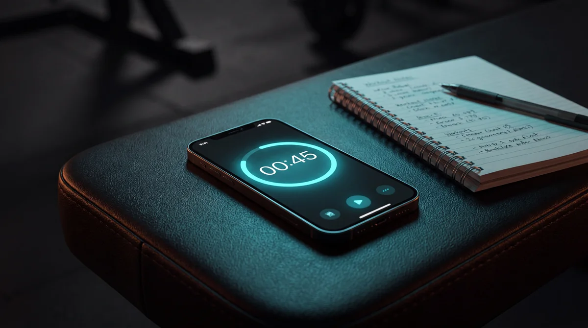 An iPhone displaying a glowing cyan circular rest countdown timer on a dark gym bench, beside a dim open notebook and pen with handwritten sets