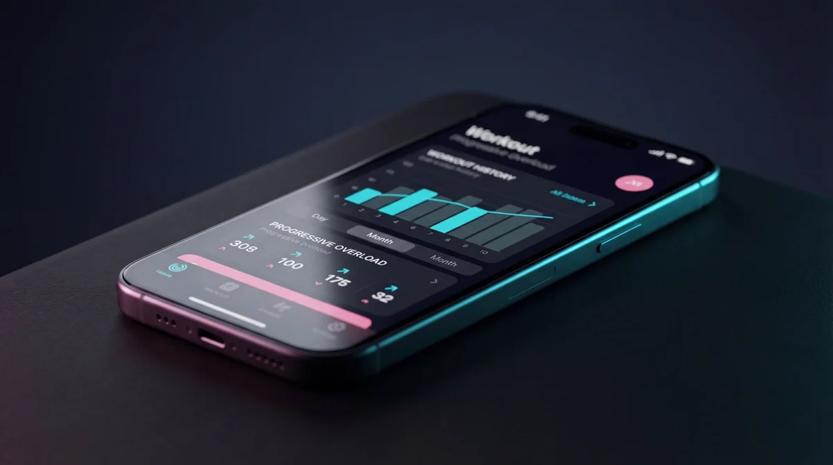 Photorealistic 3D render of an iPhone displaying the Intrvl app's progressive overload tracking screen with cyan neon accents on a dark background
