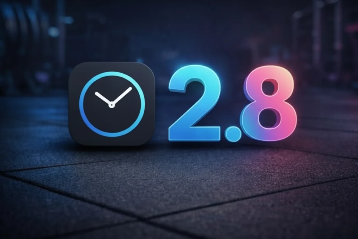 Intrvl app icon with version 2.8 in neon blue and pink gradient
