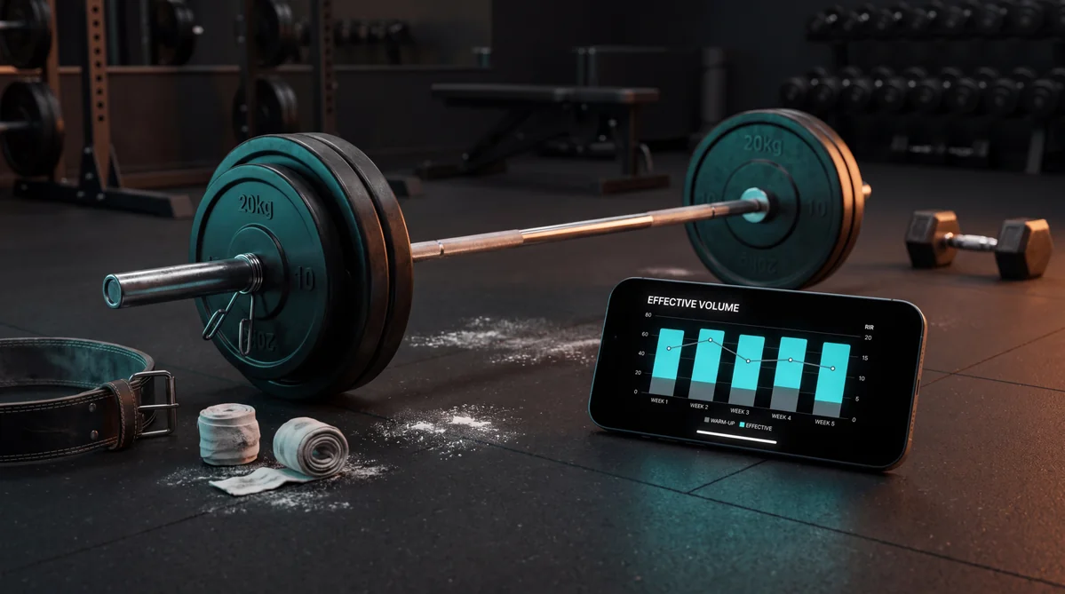 Loaded olympic barbell with chalked plates on a dark gym floor next to an iPhone displaying a stacked bar chart that separates warm-up sets from effective working sets, lit with cyan UI glow and warm orange rim light