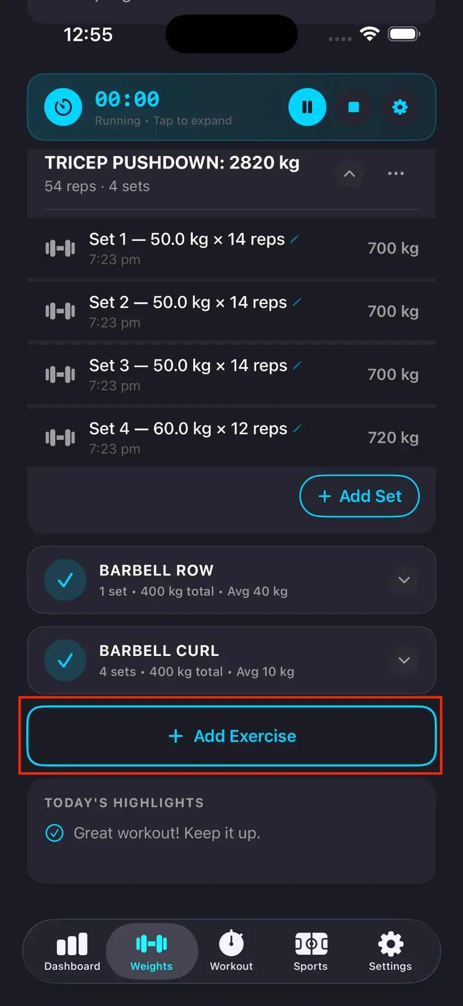 Add Exercise button highlighted at bottom of workout screen
