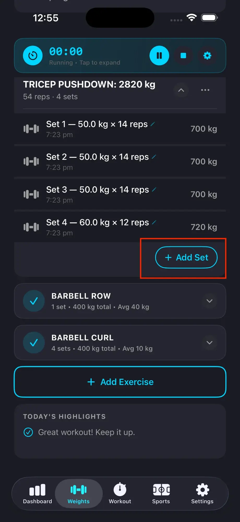 Add Set button highlighted within exercise card