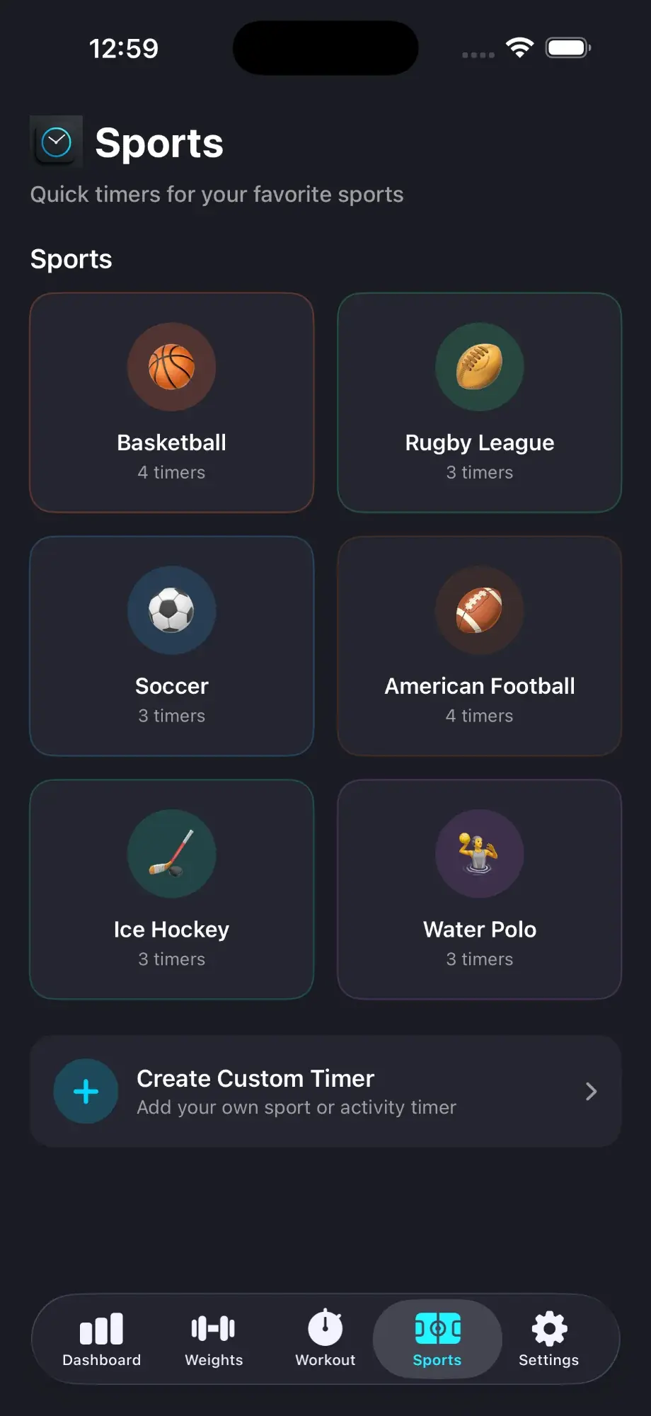 Sports tab showing six sport categories with multiple timer presets each