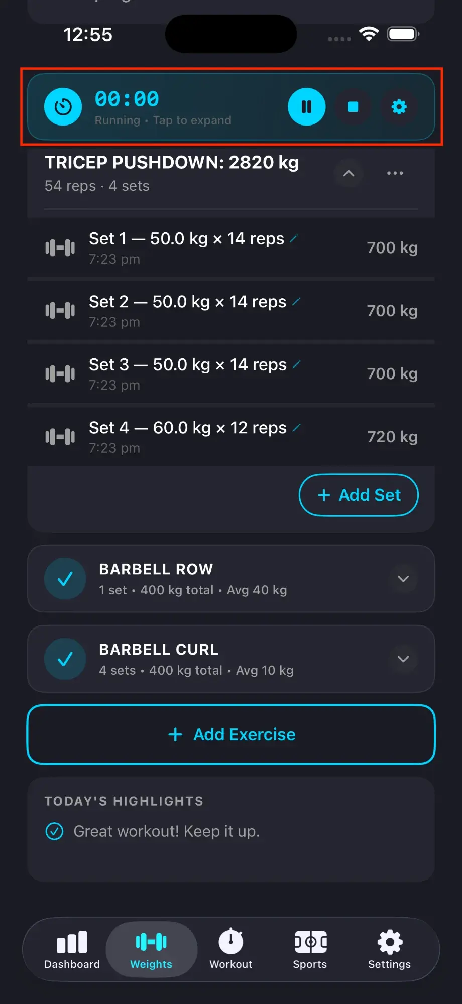 Sticky timer bar showing 00:00 running with play/pause, stop, and settings controls