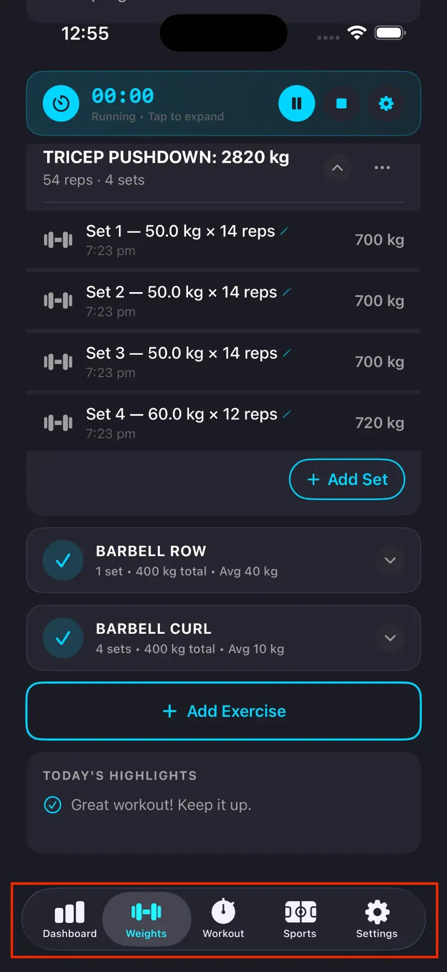 Bottom tab bar showing five tabs: Dashboard, Weights, Workout, Sports, Settings