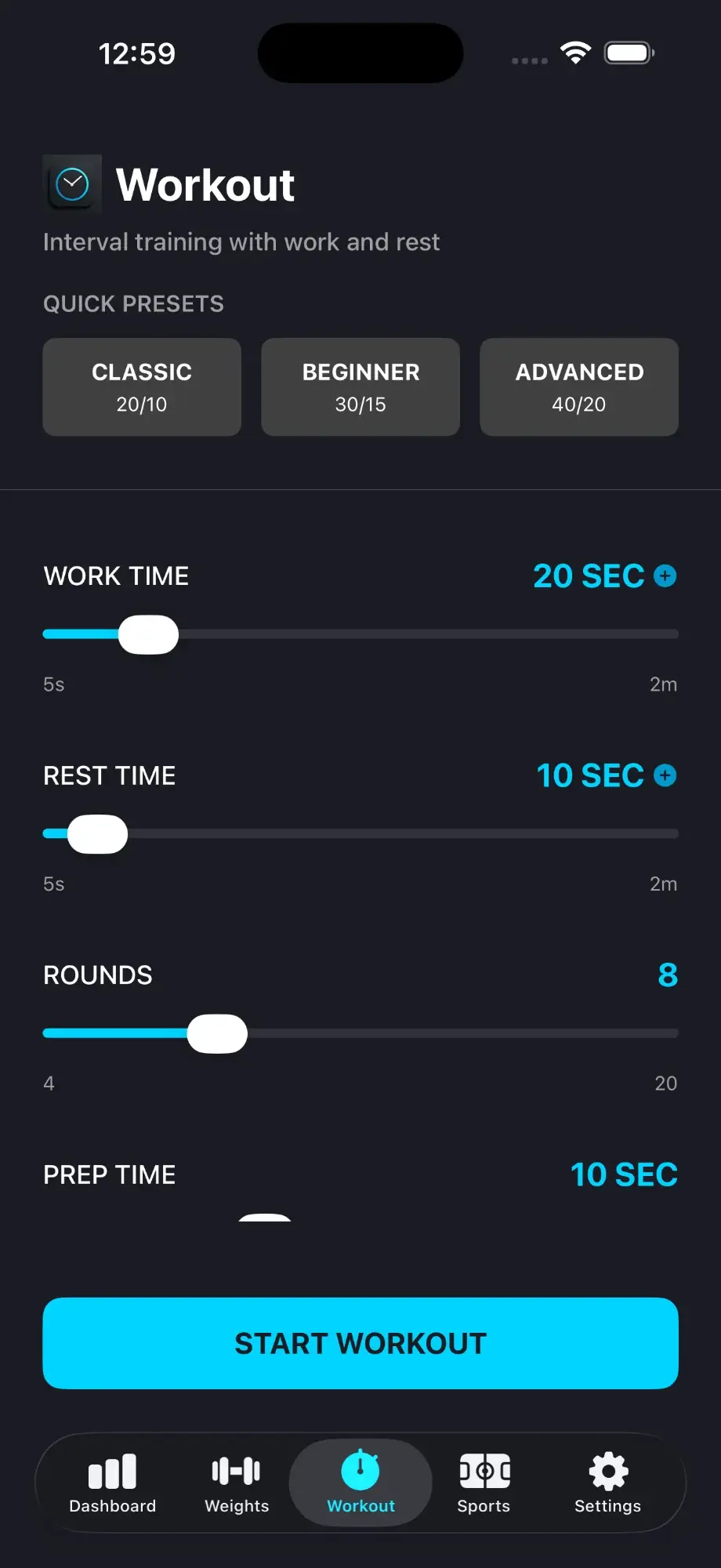 Workout tab showing interval controls with sliders for work time, rest time, rounds, and prep time